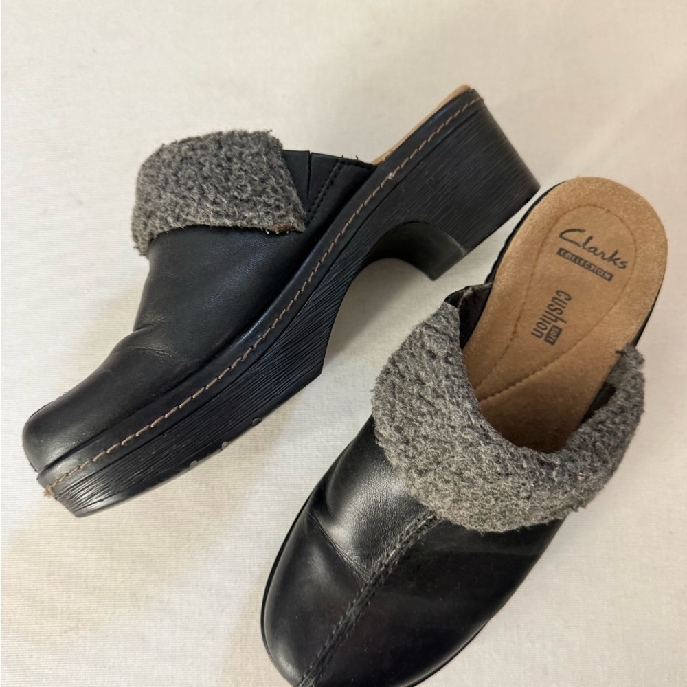Clarks Black Leather Shearling Lined Platform Presley Clog Mules Retro Y2K 6.5 - Picture 3 of 9